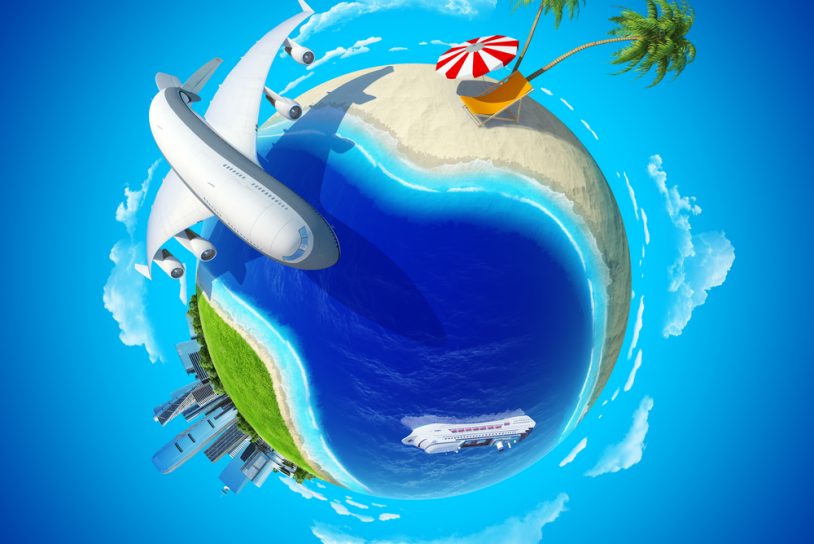 Big plane rounding the globe. Mini planet concept. City center and tropical beach on the opposite sides.Cruise liner in the ocean. Travel, cargo and business concept. Earth collection.